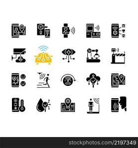 IoT black glyph icons set on white space. Wifi regulation. Internet of Things. Remote control for devices. Smart appliance tech. Silhouette symbols. Solid pictogram pack. Vector isolated illustration. IoT black glyph icons set on white space