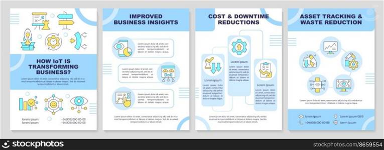 IoT business effects blue brochure template. Transformation. Leaflet design with linear icons. Editable 4 vector layouts for presentation, annual reports. Arial-Black, Myriad Pro-Regular fonts used. IoT business effects blue brochure template