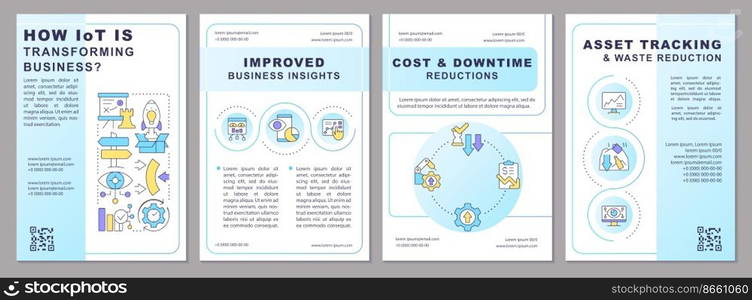 IoT business transformation light blue brochure template. Digital. Leaflet design with linear icons. Editable 4 vector layouts for presentation, annual reports. Arial, Myriad Pro-Regular fonts used. IoT business transformation light blue brochure template