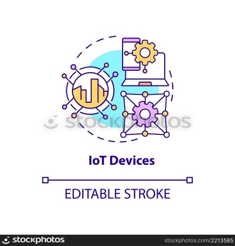 Iot devices concept icon. Smart technology product abstract idea thin line illustration. Online connectivity. Smart city. Isolated outline drawing. Editable stroke. Arial, Myriad Pro-Bold fonts used. Iot devices concept icon