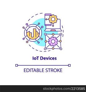 Iot devices concept icon. Smart technology product abstract idea thin line illustration. Online connectivity. Smart city. Isolated outline drawing. Editable stroke. Arial, Myriad Pro-Bold fonts used. Iot devices concept icon