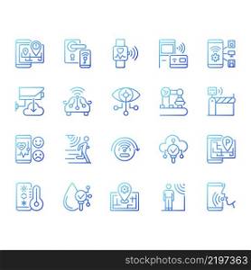 IoT gradient linear vector icons set. Wifi regulation. Internet of Things. Thin line contour symbol designs bundle. Isolated outline illustrations collection. Quicksand-Light font used. IoT gradient linear vector icons set