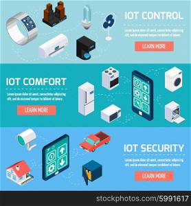 Iot household isometric banners set. Iot control comfort and security interactive internet page 3 horizontal isometric banners set design abstract vector illustration