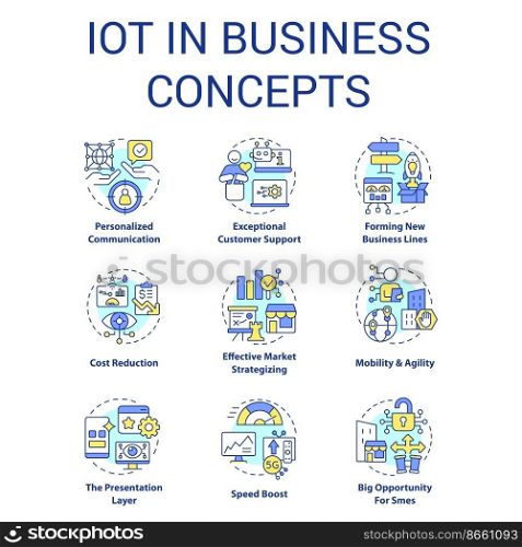 IoT in business concept icons set. Digital opportunities. Transformation benefits idea thin line color illustrations. Isolated symbols. Editable stroke. Roboto-Medium, Myriad Pro-Bold fonts used
. IoT in business concept icons set