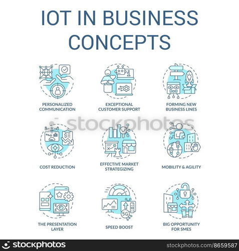 IoT in business turquoise concept icons set. Digital transformation benefits idea thin line color illustrations. Isolated symbols. Editable stroke. Roboto-Medium, Myriad Pro-Bold fonts used
. IoT in business turquoise concept icons set