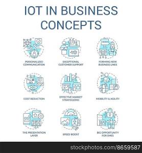 IoT in business turquoise concept icons set. Digital transformation benefits idea thin line color illustrations. Isolated symbols. Editable stroke. Roboto-Medium, Myriad Pro-Bold fonts used
. IoT in business turquoise concept icons set
