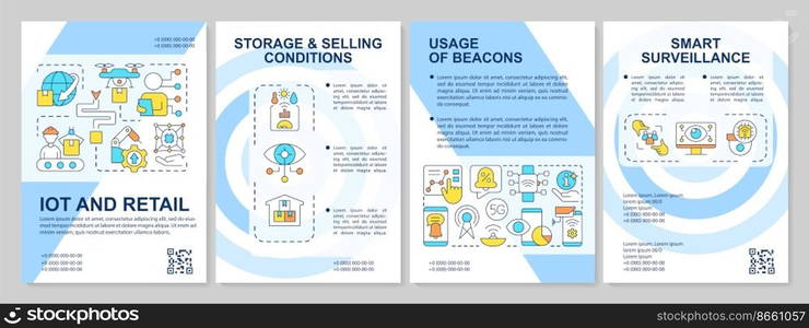 IoT in ecommerce blue brochure template. Retail, online shop. Leaflet design with linear icons. Editable 4 vector layouts for presentation, annual reports. Arial, Myriad Pro-Regular fonts used. IoT in ecommerce blue brochure template