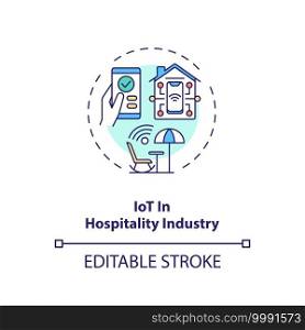 IoT in hospitality industry concept icon. New normal idea thin line illustration. Business travel condition during covid 19 pandemic. Vector isolated outline RGB color drawing. Editable stroke. IoT in hospitality industry concept icon
