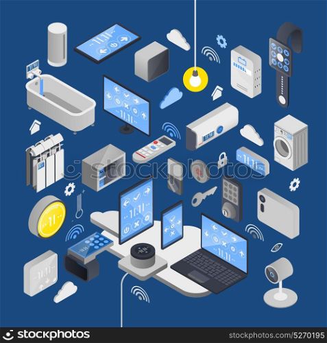 IOT Internet Of Things Isometric Composition. IOT internet of things isometric composition with elements of smart house and technical attributes vector illustration