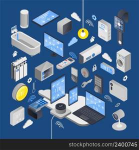 IOT internet of things isometric composition with elements of smart house and technical attributes vector illustration. IOT Internet Of Things Isometric Composition