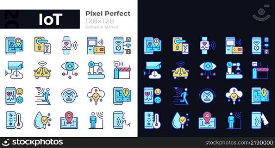 IoT pixel perfect light and dark theme color icons set. Wifi regulation. Internet of Things. Simple filled line drawings. Bright cliparts on white and black. Editable stroke. Quicksand-Light font used. IoT pixel perfect light and dark theme color icons set