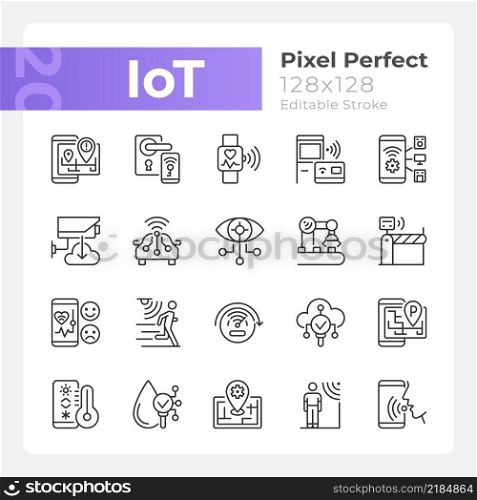 IoT pixel perfect linear icons set. Wifi regulation. Internet of Things. Customizable thin line symbols. Isolated vector outline illustrations. Editable stroke. Quicksand-Light font used. IoT pixel perfect linear icons set