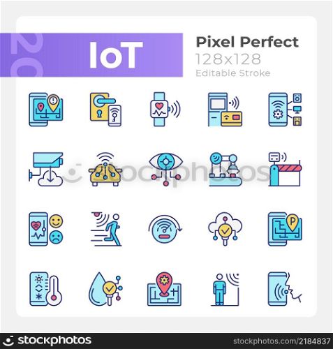 IoT pixel perfect RGB color icons set. Wifi regulation. Internet of Things. Isolated vector illustrations. Simple filled line drawings collection. Editable stroke. Quicksand-Light font used. IoT pixel perfect RGB color icons set