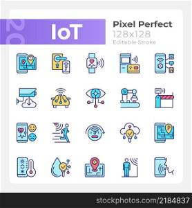 IoT pixel perfect RGB color icons set. Wifi regulation. Internet of Things. Isolated vector illustrations. Simple filled line drawings collection. Editable stroke. Quicksand-Light font used. IoT pixel perfect RGB color icons set