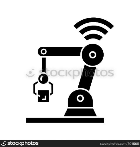IoT robot glyph icon. Silhouette symbol. Internet of things. Automation robotics. Robot assistants. Artificial intelligence. Negative space. Vector isolated illustration. IoT robot glyph icon