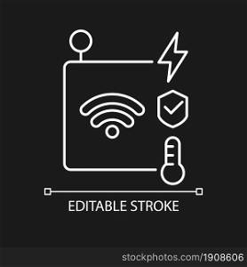 IoT sensors white linear icon for dark theme. Information transmission over wireless network. Thin line customizable illustration. Isolated vector contour symbol for night mode. Editable stroke. IoT sensors white linear icon for dark theme