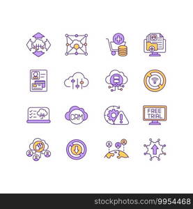 IoT services RGB color icons set. Multitenant cloud environment. Accessing and using information. Subscription-based business model. Free cloud computing usage. Isolated vector illustrations. IoT services RGB color icons set