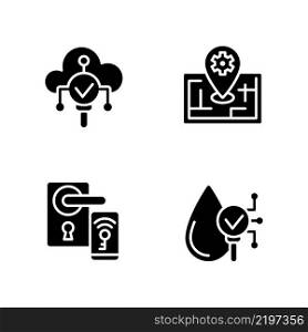 IoT technologies black glyph icons set on white space. Remote lock access. Water proof device. Internet of Things. Silhouette symbols. Solid pictogram pack. Vector isolated illustration. IoT technologies black glyph icons set on white space