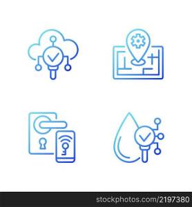 IoT technologies gradient linear vector icons set. Remote lock access. Internet of Things. Smart gadget. Thin line contour symbol designs bundle. Isolated outline illustrations collection. IoT technologies gradient linear vector icons set