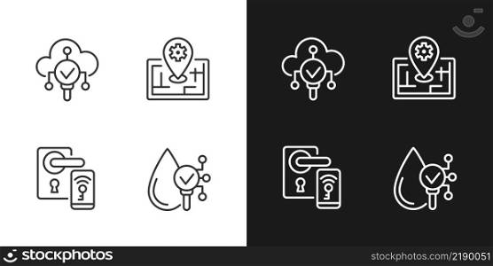 IoT technologies pixel perfect light and dark theme color icons set. Remote lock access. Water proof device. Simple filled line drawings. Bright cliparts on white and black. Editable stroke. IoT technologies pixel perfect light and dark theme color icons set
