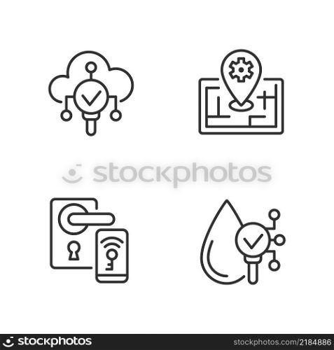 IoT technologies pixel perfect linear icons set. Water proof device. Internet of Things. Innovative tech. Customizable thin line symbols. Isolated vector outline illustrations. Editable stroke. IoT technologies pixel perfect linear icons set