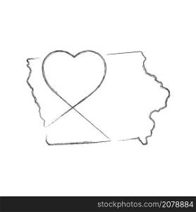 Iowa US state hand drawn pencil sketch outline map with heart shape. Continuous line drawing of patriotic home sign. A love for a small homeland. T-shirt print idea. Vector illustration.. Iowa US state hand drawn pencil sketch outline map with the handwritten heart shape. Vector illustration