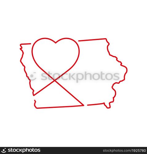 Iowa US state red outline map with the handwritten heart shape. Continuous line drawing of patriotic home sign. A love for a small homeland. T-shirt print idea. Vector illustration.. Iowa US state red outline map with the handwritten heart shape. Vector illustration