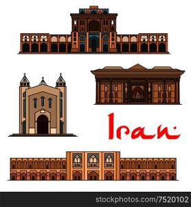Iran famous architecture vector detailed icons of Ali Qapu Palace, Saint Sarkis Cathedral, Chehel Sotoun, Si-o-seh pol bridge. Historic buildings, landmarks sightseeings, showplaces symbols for souvenirs, postcards. Iran famous architecture icons