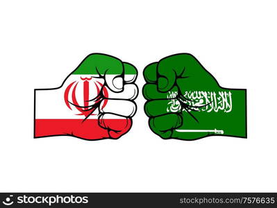 Iranian and Saudi Arabian two fists against each other, vector design. Islamic Republic of Iran vs Kingdom of Saudi Arabia. Middle East proxy conflict or cold war. Iran vs Saudi Arabia Middle East conflict