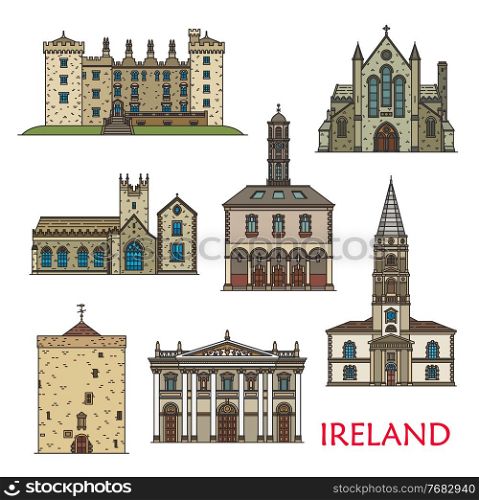 Ireland architecture landmarks, travel sightseeing buildings, vector. St Canice Cathedral, Black Abbey and castle in Kilkenny, Tholsel City Hall, Reginald Tower in Waterford, and Saint Trinnity church. Ireland travel landmark architecture, church abbey