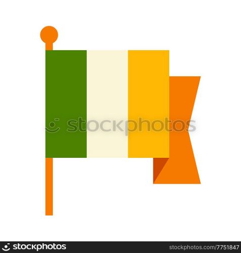 Ireland flag on flagpole. Saint Patricks Day illustration. Festive national icon.. Ireland flag on flagpole. Saint Patricks Day illustration.