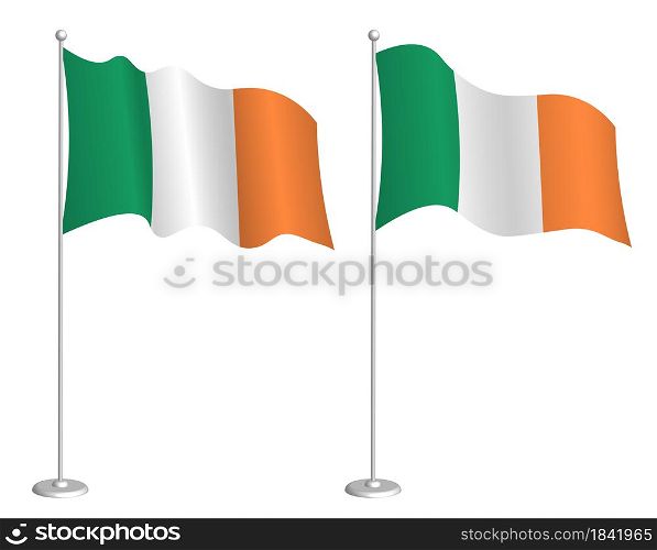Ireland flag on flagpole waving in the wind. Holiday design element. Checkpoint for map symbols. Isolated vector on white background