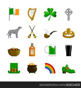 Ireland flat color decorative icons with leprechaun green hat and shoe rainbow pot with gold irish terrier and bottle of whisky. Ireland Flat Color Icons