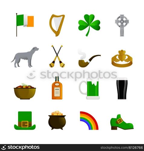 Ireland Flat Color Icons. Ireland flat color decorative icons with leprechaun green hat and shoe rainbow pot with gold irish terrier and bottle of whisky