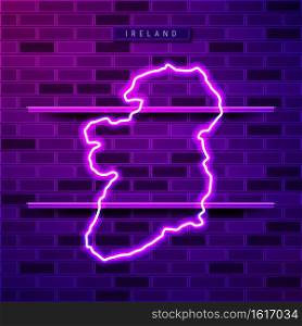 Ireland map glowing neon l&sign. Realistic vector illustration. Country name plate. Purple brick wall, violet glow, metal holders.. Ireland map glowing purple neon l&sign