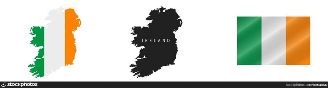 Ireland. Map with masked flag. Detailed silhouette. Waving flag. Vector illustration isolated on white.. Ireland. Detailed flag map. Detailed silhouette. Waving flag. Vector illustration