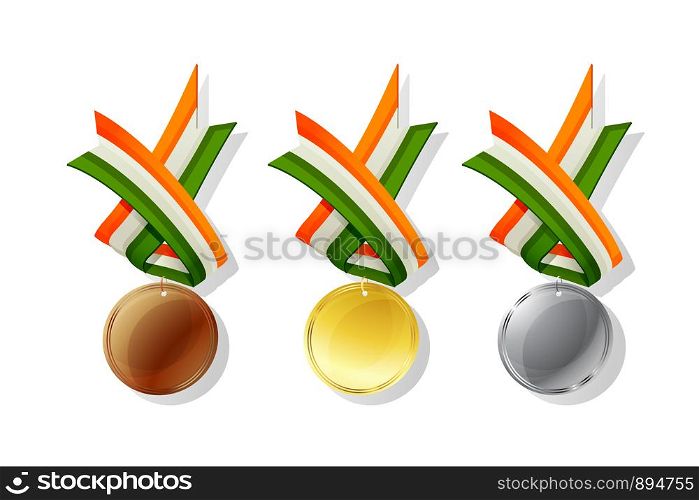 Ireland medals in gold, silver and bronze with national flag. Isolated vector objects over white background