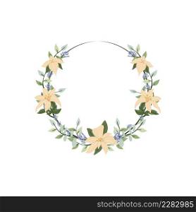 Iris and eucalyptus flower wreath. Green decorative ivy. Spring floral vintage round frames. Creeper plant flat vector illustration