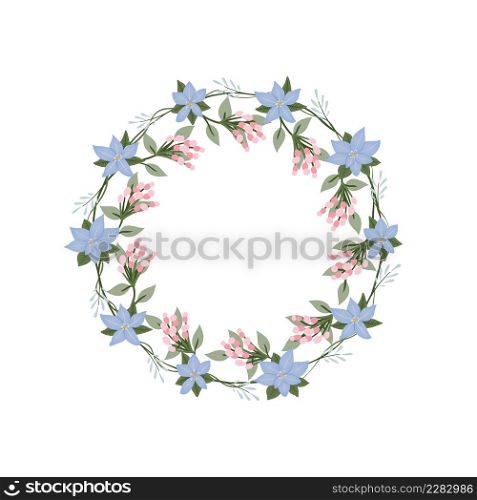 Iris flower wreath. Green decorative ivy. Spring floral vintage round frames. Creeper plant flat vector illustration