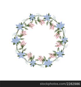Iris flower wreath. Green decorative ivy. Spring floral vintage round frames. Creeper plant flat vector illustration