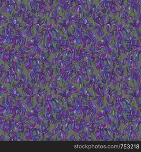 Iris flowers hand drawn vector seamless pattern. Nature petals background in modern style. Floral elegant texture for surface design, textile, wrapping paper, wallpaper, phone case print, fabric.. Iris flowers hand drawn vector seamless pattern. Nature petals background in modern style. Floral violet texture for surface design, textile, wrapping paper, wallpaper, print, fabric.