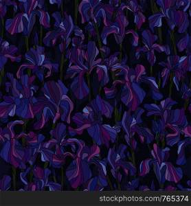 Iris flowers hand drawn vector seamless pattern. Nature petals background in modern style. Floral elegant texture for surface design, textile, wrapping paper, wallpaper, phone case print, fabric.