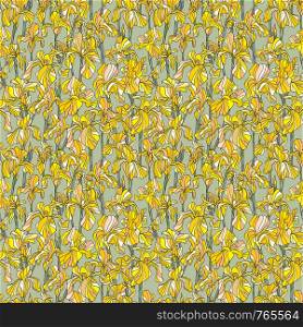 Iris flowers hand drawn vector seamless pattern. Nature yellow petals background in modern style. Floral elegant texture for surface design, textile, wrapping paper, wallpaper, phone case print, fabric.. Iris flowers hand drawn vector seamless pattern. Nature petals background in modern style. Floral yellow texture for surface design, textile, wrapping paper, wallpaper, phone case print, fabric.