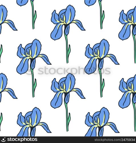 Irises seamless flower pattern vector illustration. Colorful blue sky bloom background. Flowers model. Template botanical natural decoration for fabric, wallpaper, design. Irises seamless flower pattern vector illustration
