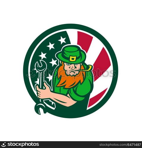 Irish-American Mechanic USA Flag Icon. Icon retro style illustration of an Irish-American mechanic who is a leprechaun mascot with United States of America USA star spangled banner or stars and stripes flag in circle isolated background.. Irish-American Mechanic USA Flag Icon