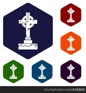 Irish celtic cross icons set hexagon isolated vector illustration. Irish celtic cross icons set hexagon