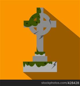 Irish celtic cross with green slime icon. Flat illustration of Irish celtic cross with green slime vector icon for web isolated on yellow background. Irish celtic cross with green slime icon