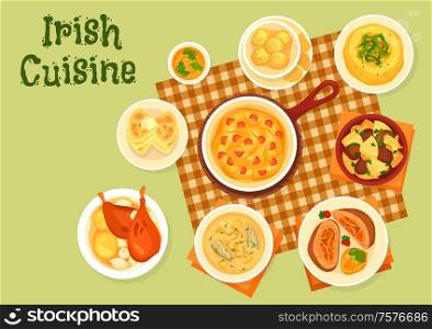 Irish cuisine dishes, vector. Fish, meat and vegetables. Potato pancake farls and cookies, fish soup, beef roll and cabbage ham casserole, lamb stew and baked rabbit. Irish dishes with fish, meat and vegetables
