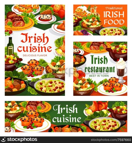 Irish cuisine meat, vegetable and fish meal with desserts, vector food. Beef, lamb and rabbit stews, potato pancakes, cabbage salad and grilled salmon, soda bread, lingonberry cupcakes and colcannon. Irish meat, vegetable and fish meal with deserts