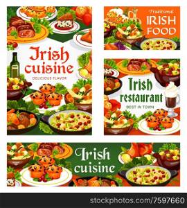 Irish cuisine meat, vegetable and fish meal with desserts, vector food. Beef, lamb and rabbit stews, potato pancakes, cabbage salad and grilled salmon, soda bread, lingonberry cupcakes and colcannon. Irish meat, vegetable and fish meal with deserts